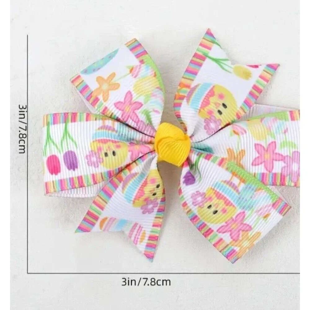 Girl’s PINK White YELLOW Easter HAIR BOW Clip Eggs & Flowers